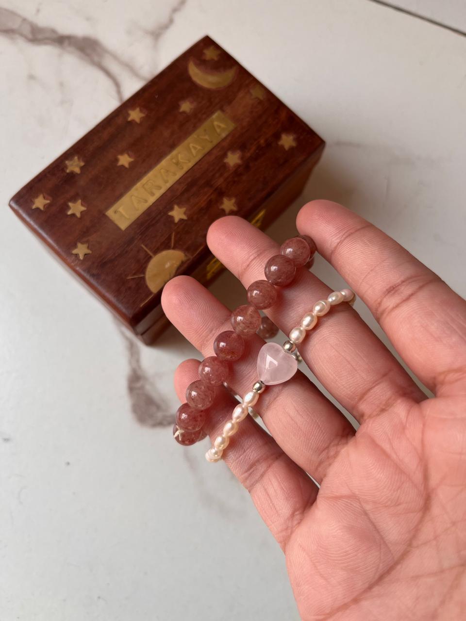 Handcrafted natural crystal bracelet with Strawberry Quartz, Rose Quartz Heart, and Pearls