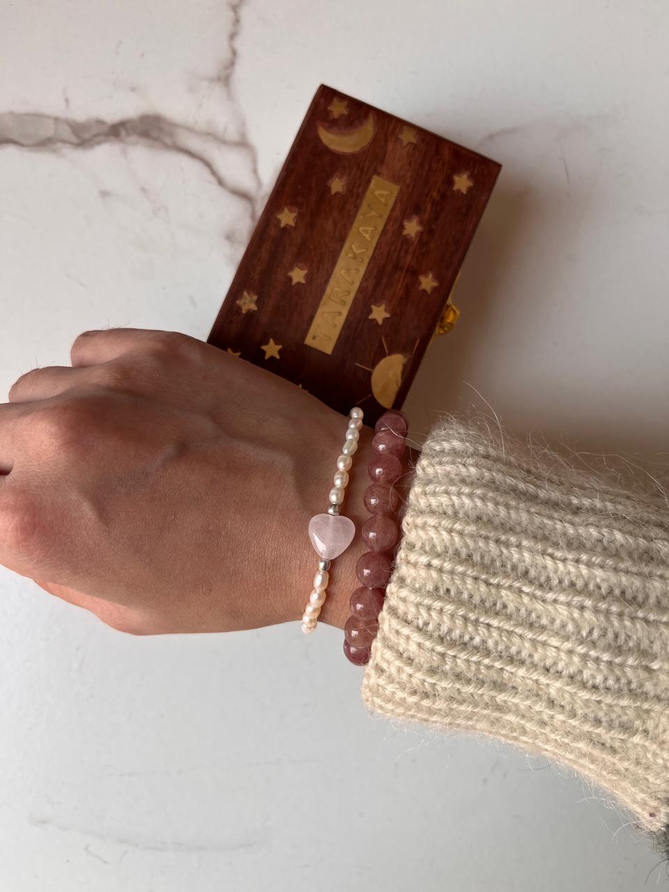 Natural crystal bracelet featuring Strawberry Quartz, Rose Quartz heart, and Pearl