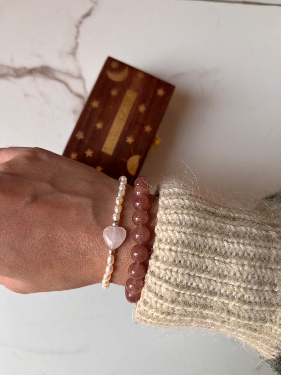 Elegant combo bracelet with Strawberry Quartz 8mm beads, Rose Quartz heart, and pearl accents