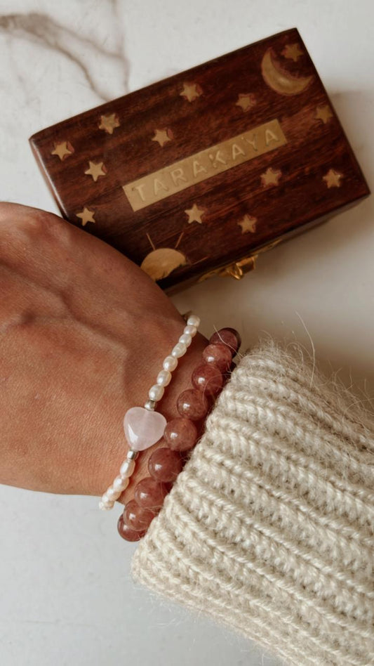 Strawberry Quartz 8mm and Rose Quartz Heart with Pearl natural crystal bracelet