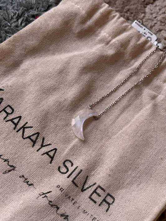 Elegant Moonstone crescent moon crystal silver necklace