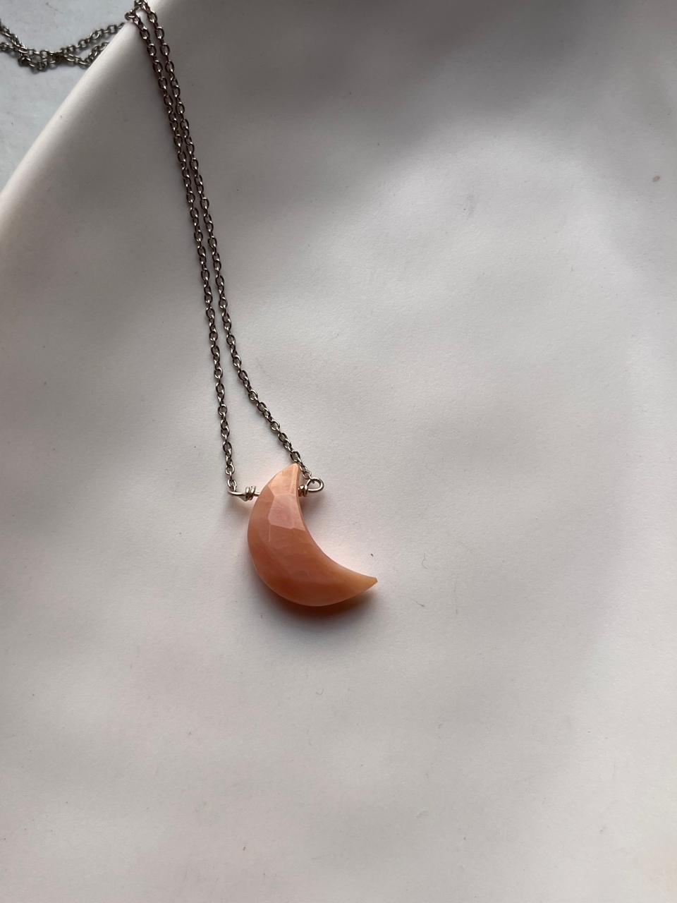 Crystal Necklace with Pink Opal Crescent Moon Pendant