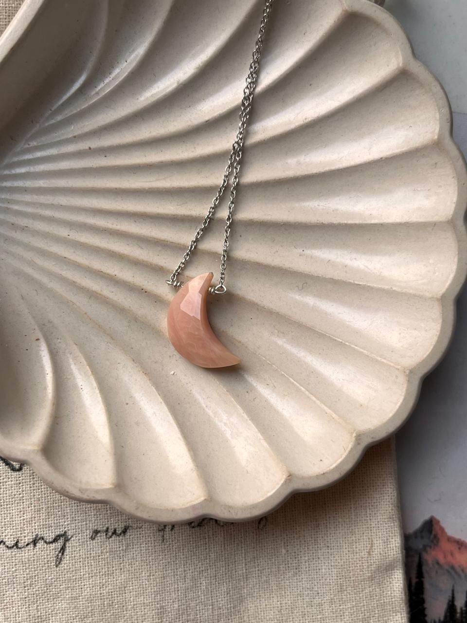 Elegant Pink Opal Crescent Moon Crystal Necklace