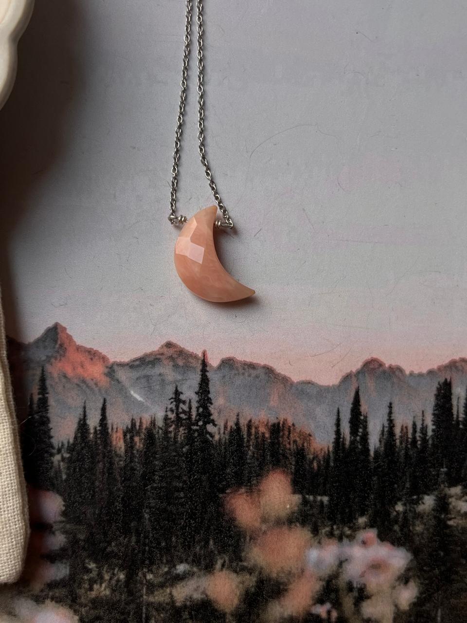 Pink Opal Crystal Crescent Moon Pendant Necklace