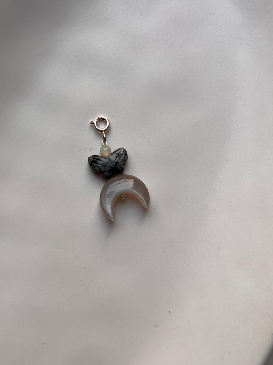 Crescent Moon Charm with Cosmic Grey Moonstone and Black Jasper Butterfly