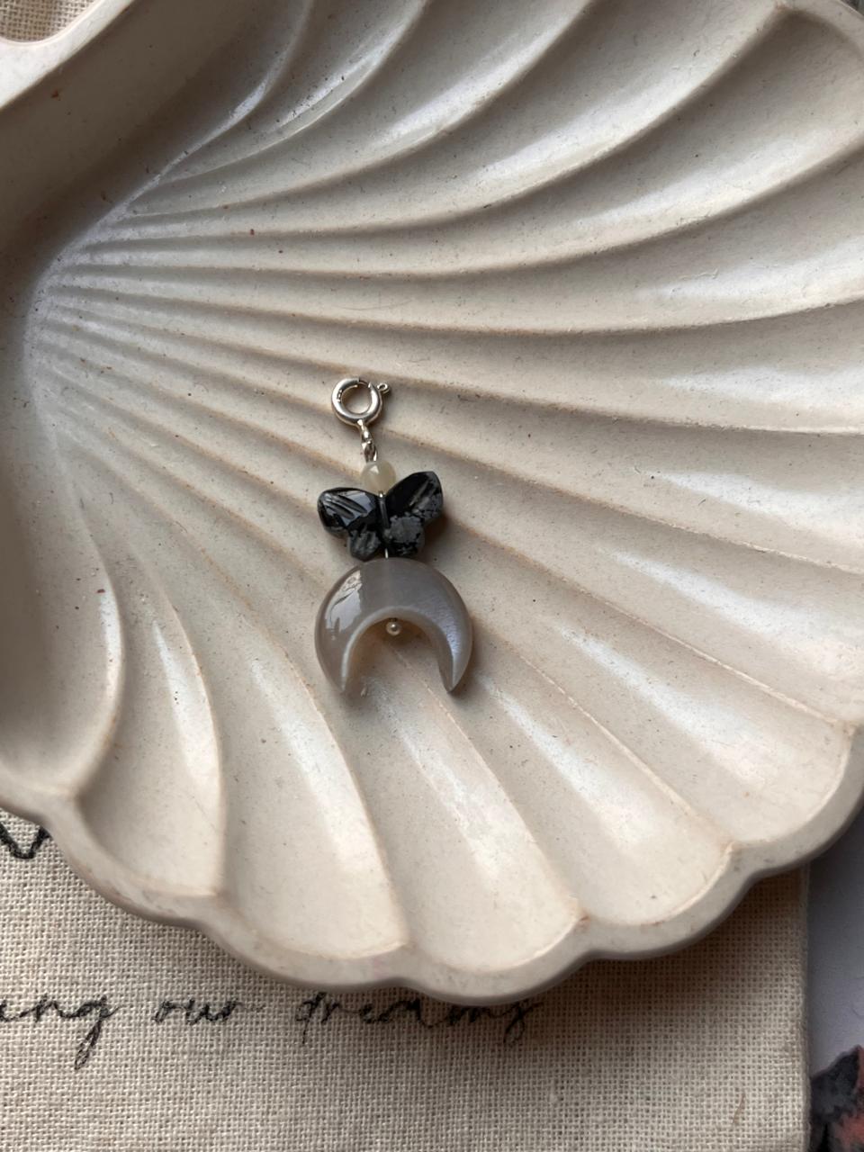 Cosmic Grey Moonstone Crescent Moon Charm with Butterfly