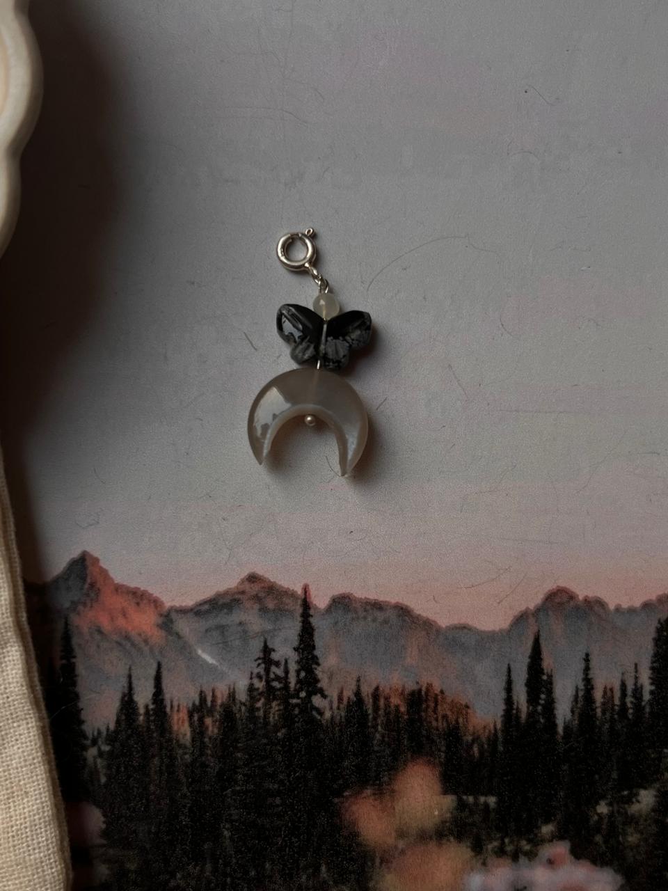 Black Jasper Butterfly and Cosmic Grey Moonstone Crescent Moon Charm