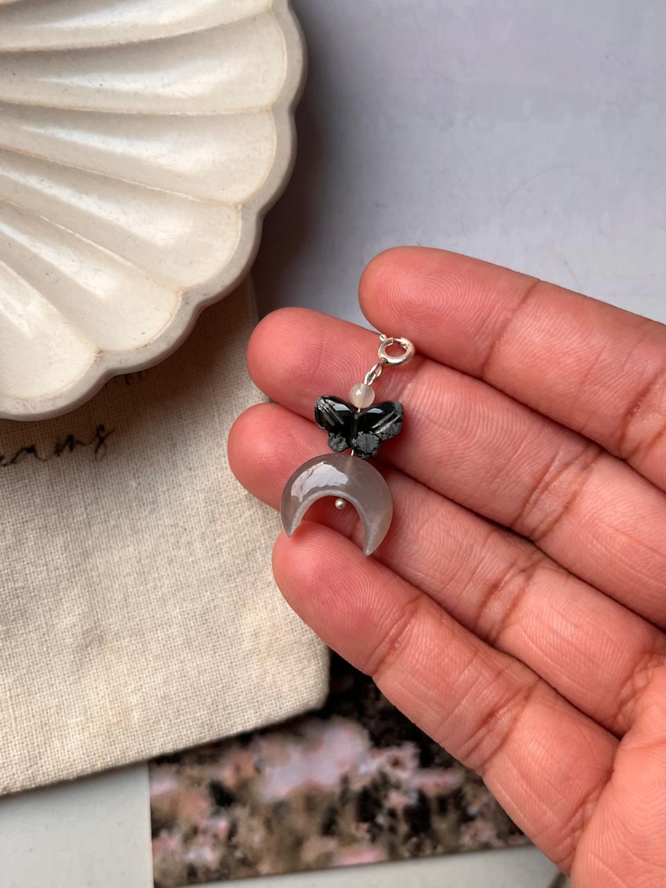 Moonstone Crescent Moon and Butterfly Charm with Black Jasper Accent