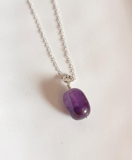 Amethyst Tumble Charm Silver Pendant - Elegant Purple Gemstone Jewelry