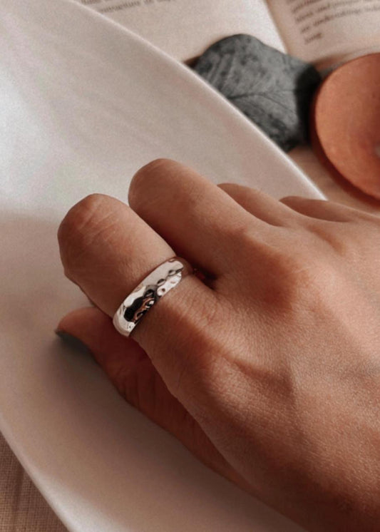 Handcrafted hammered thick band ring made from 925 sterling silver