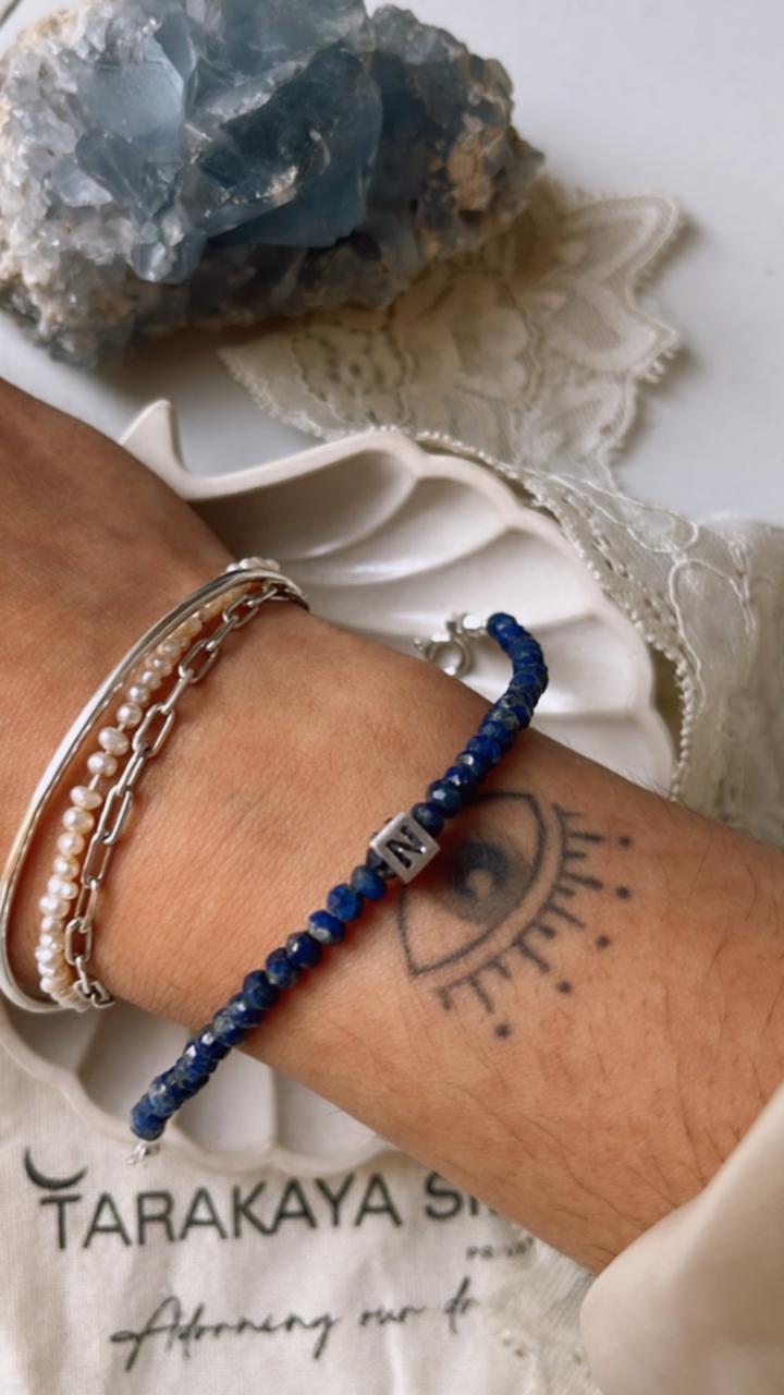 Elegant Lapis Lazuli Bead Bracelet with Initial N Charm