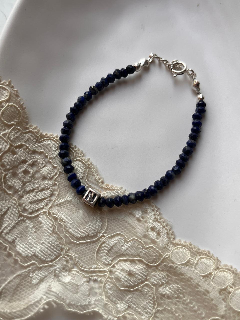 Silver Bracelet with Initial N and Lapis Lazuli Beads