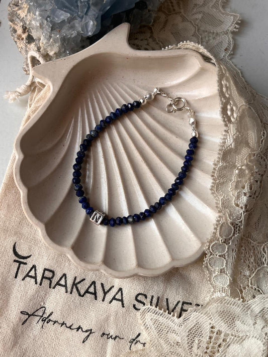 Personalized Initial N Lapis Lazuli Bracelet with 925 Sterling Silver Beads