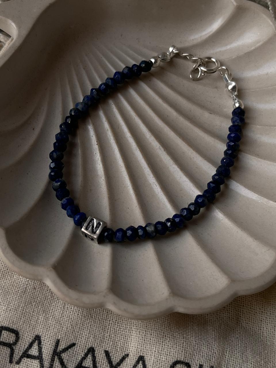 Lapis Lazuli Crystal Bracelet with Silver Initial N Pendant