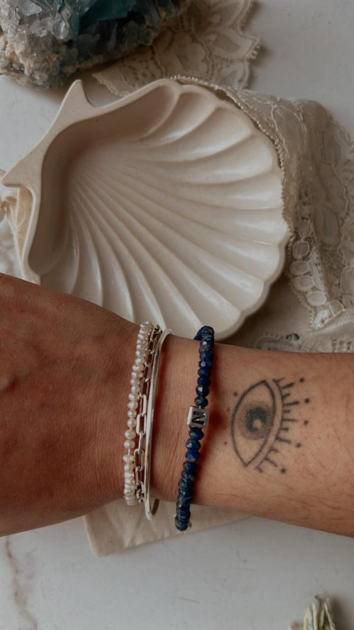 Sterling Silver Bracelet with Lapis Lazuli Beads and Initial N