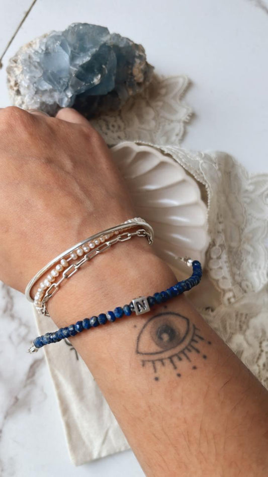 Initial N Lapis Lazuli Crystal Beads Silver Bracelet