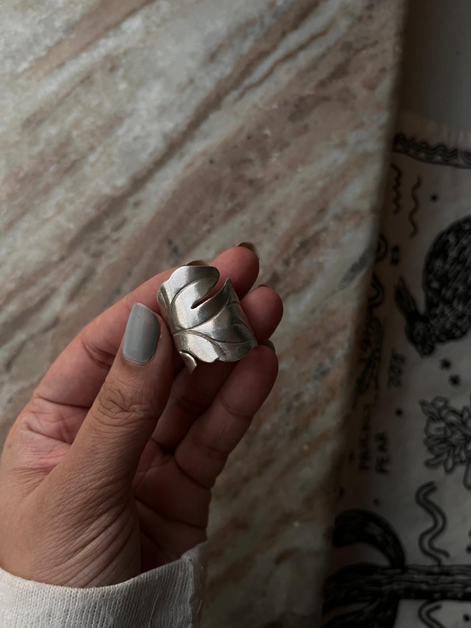 Artisan-made maple leaf ring in bohemian silver style  
