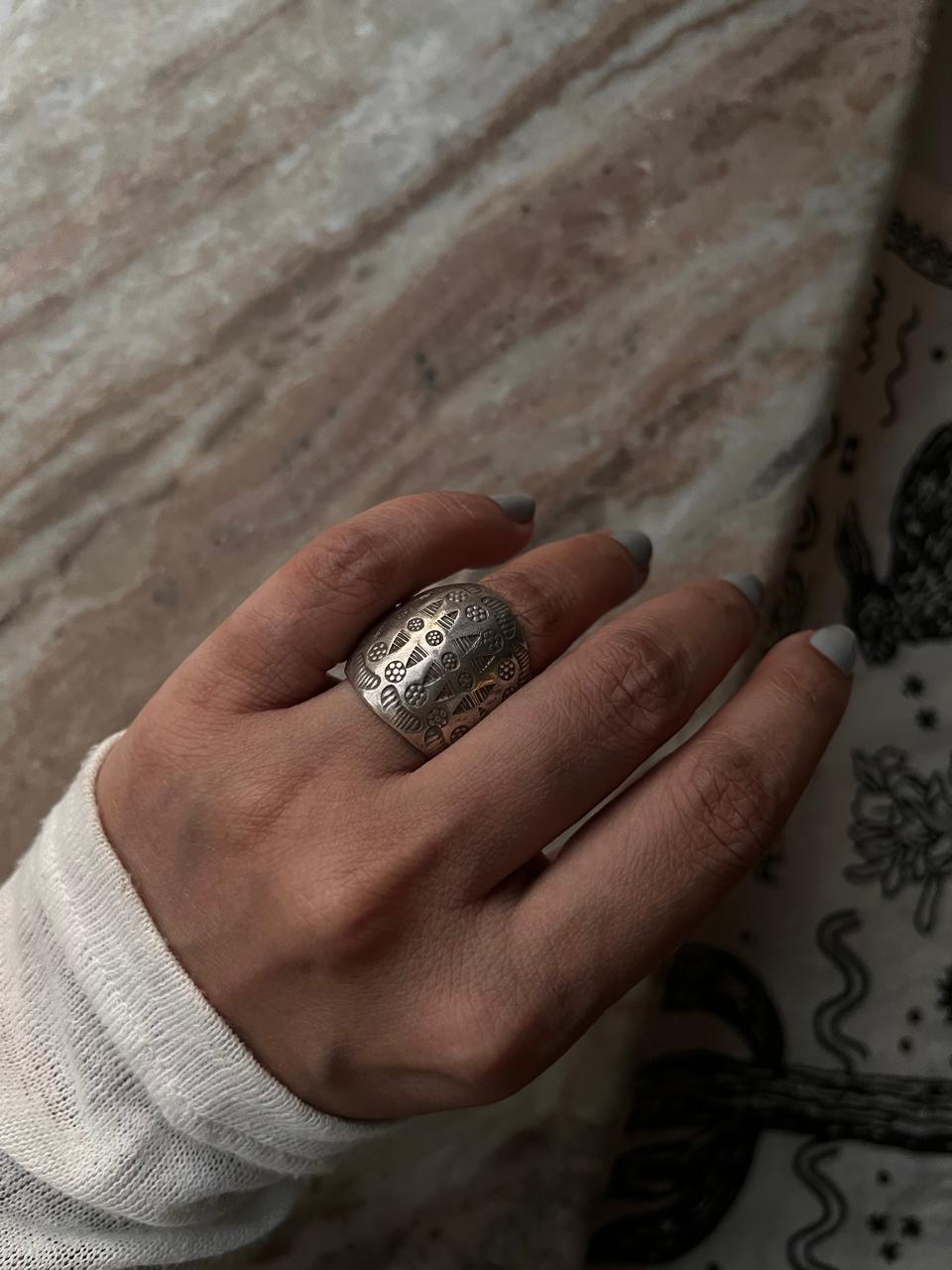 Adjustable silver ring with tribal dome detailing