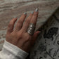 Handcrafted bohemian silver ring with maple leaf and brushed texture  