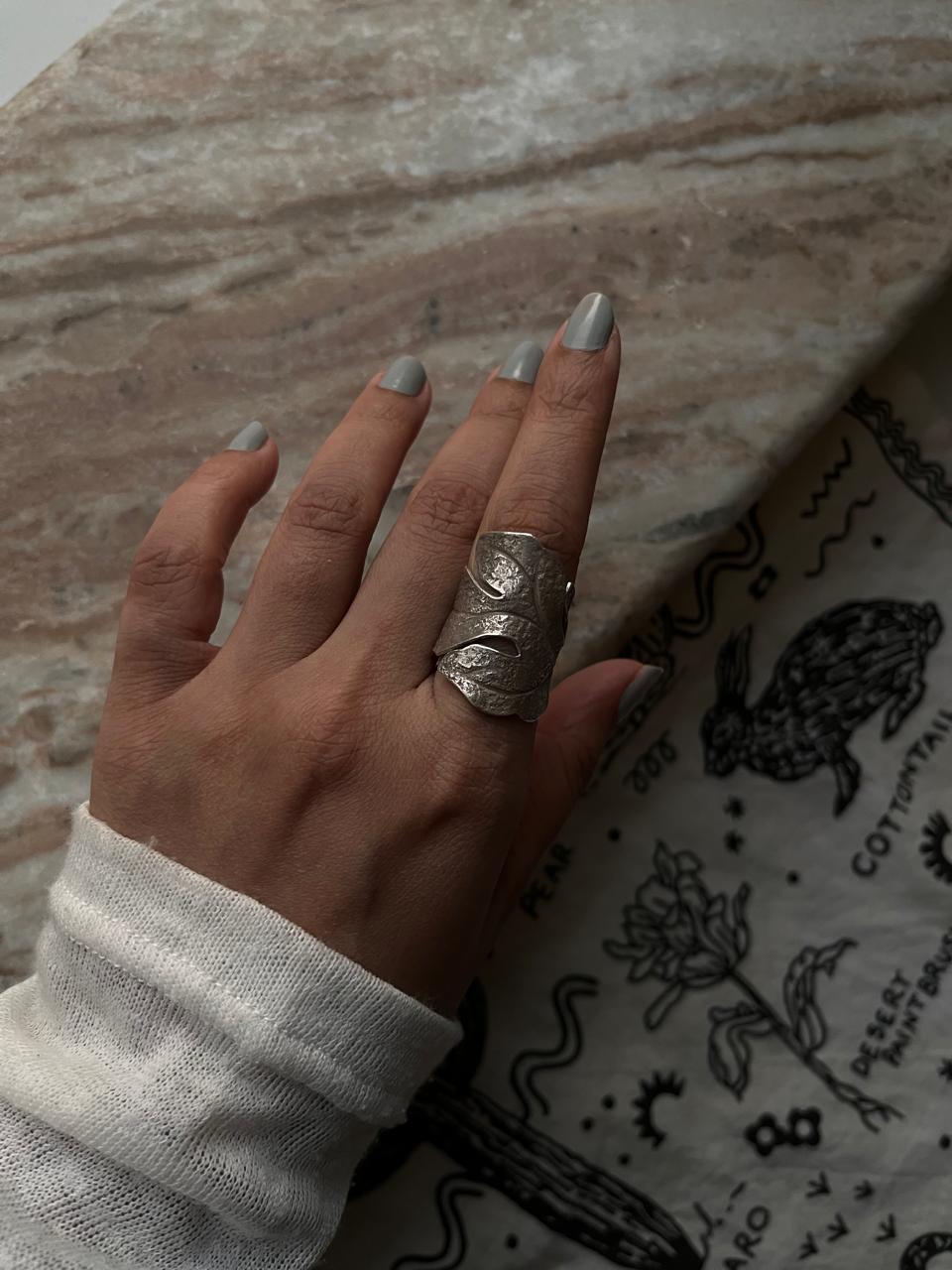 Handcrafted bohemian silver ring with maple leaf and brushed texture  