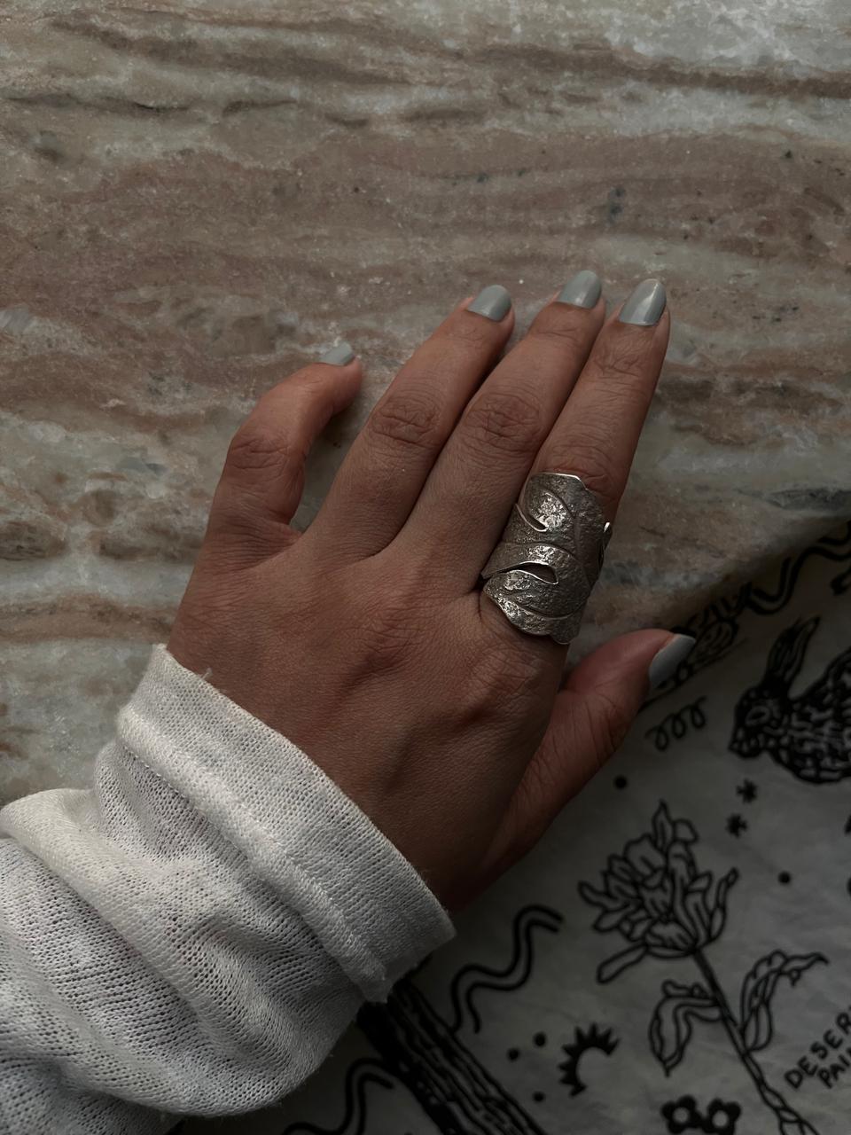 Artisan-made 925 silver adjustable maple leaf ring with brushed details  