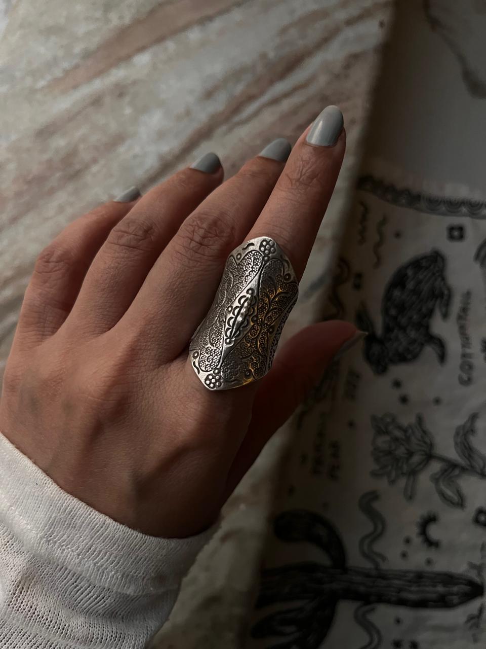 Handcrafted bohemian silver ring covering full finger  
