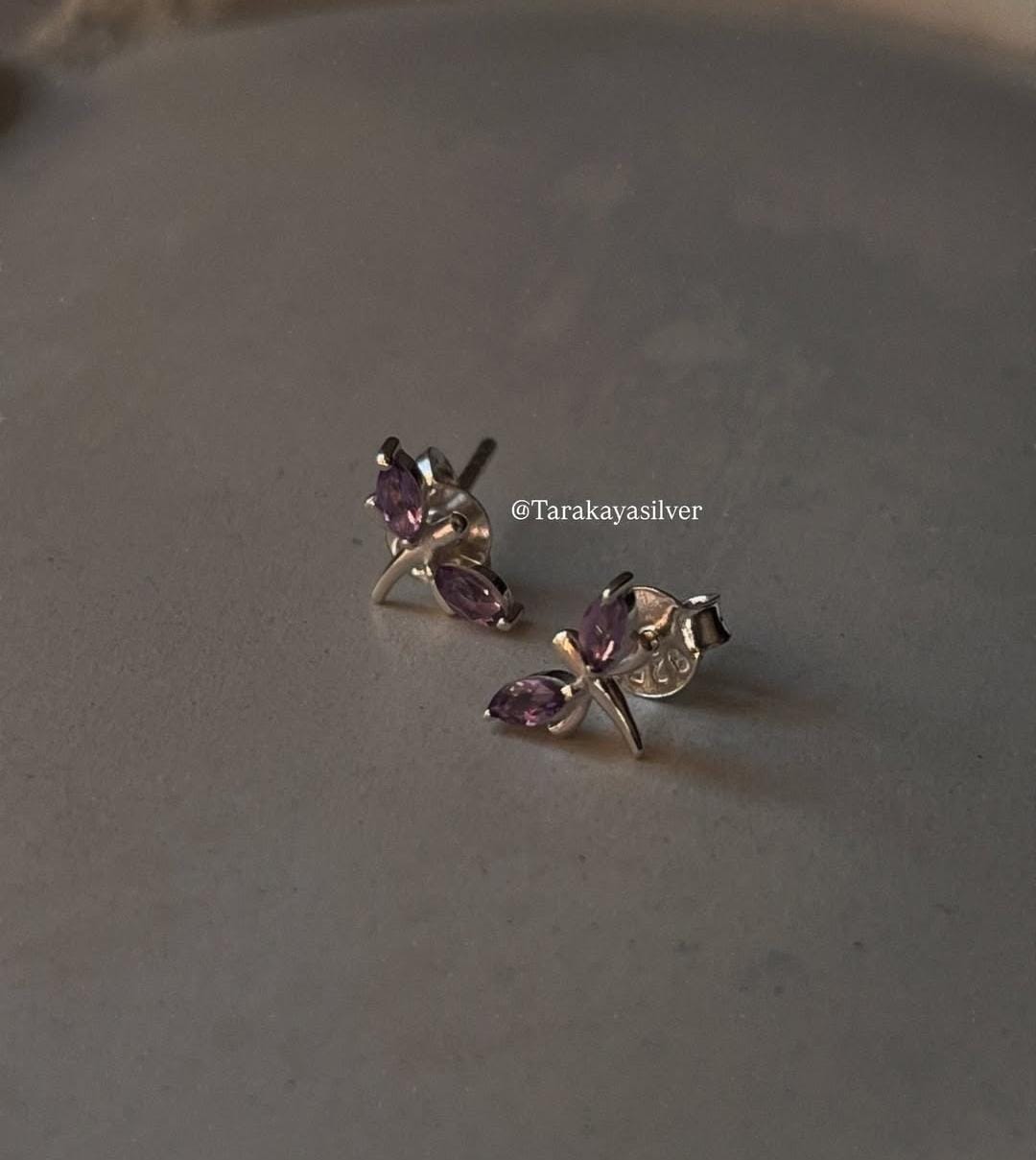 Amethyst and Silver Dragonfly Stud Earrings