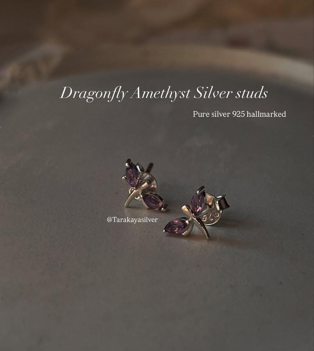 Amethyst Dragonfly Small Silver Stud Earrings