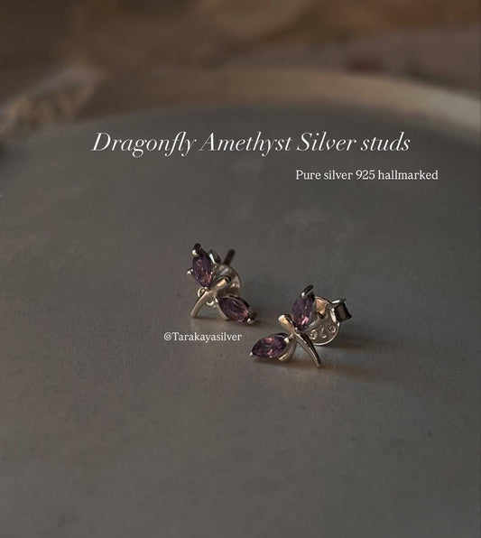 Amethyst Dragonfly Small Silver Stud Earrings