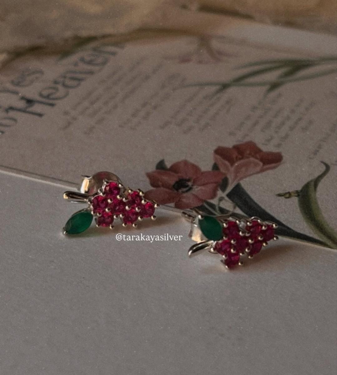 Green Onyx and Lab Grown Ruby Silver Stud Earrings