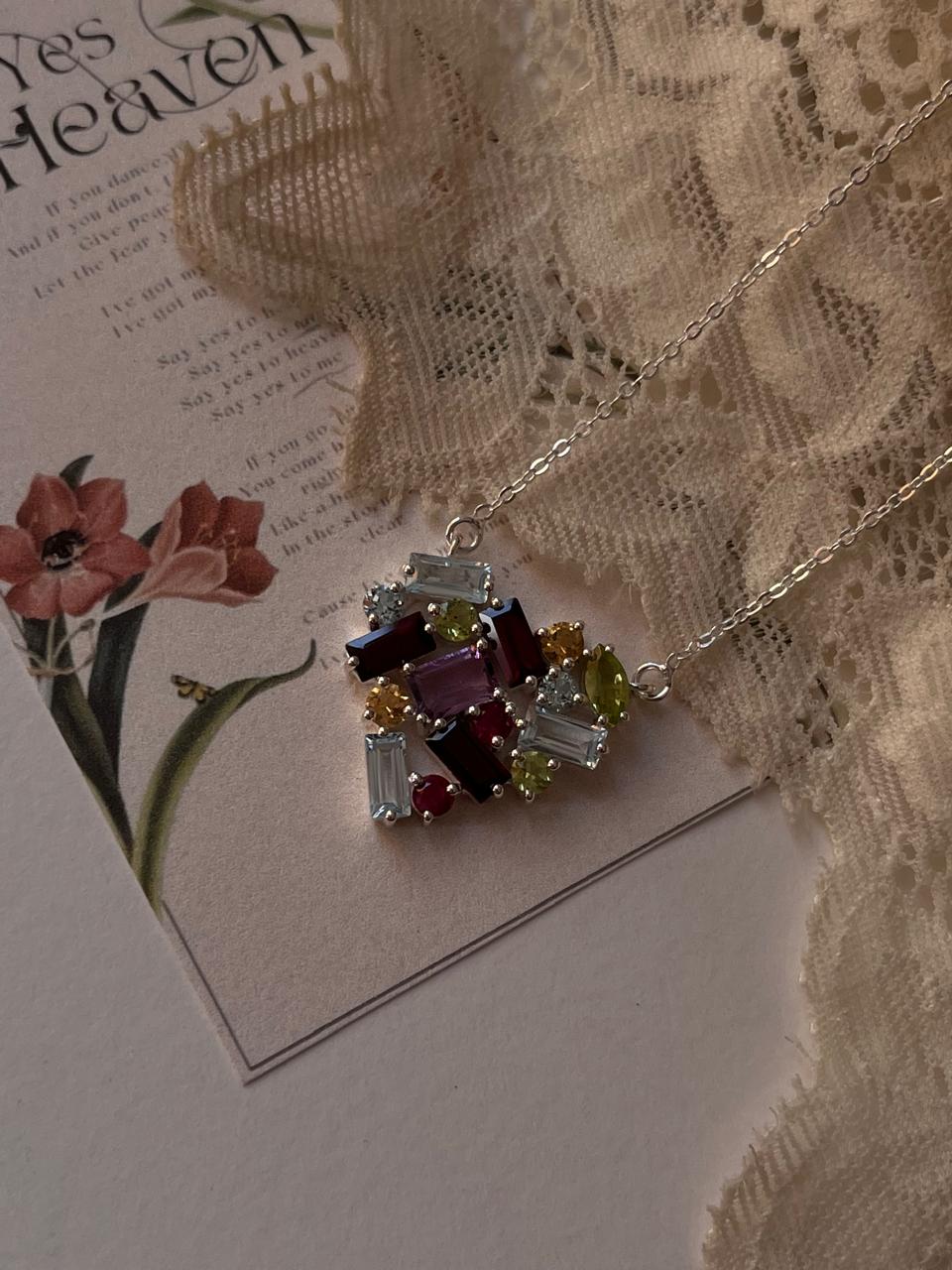 Heart Design Gemstone Cluster Necklace 925 Silver