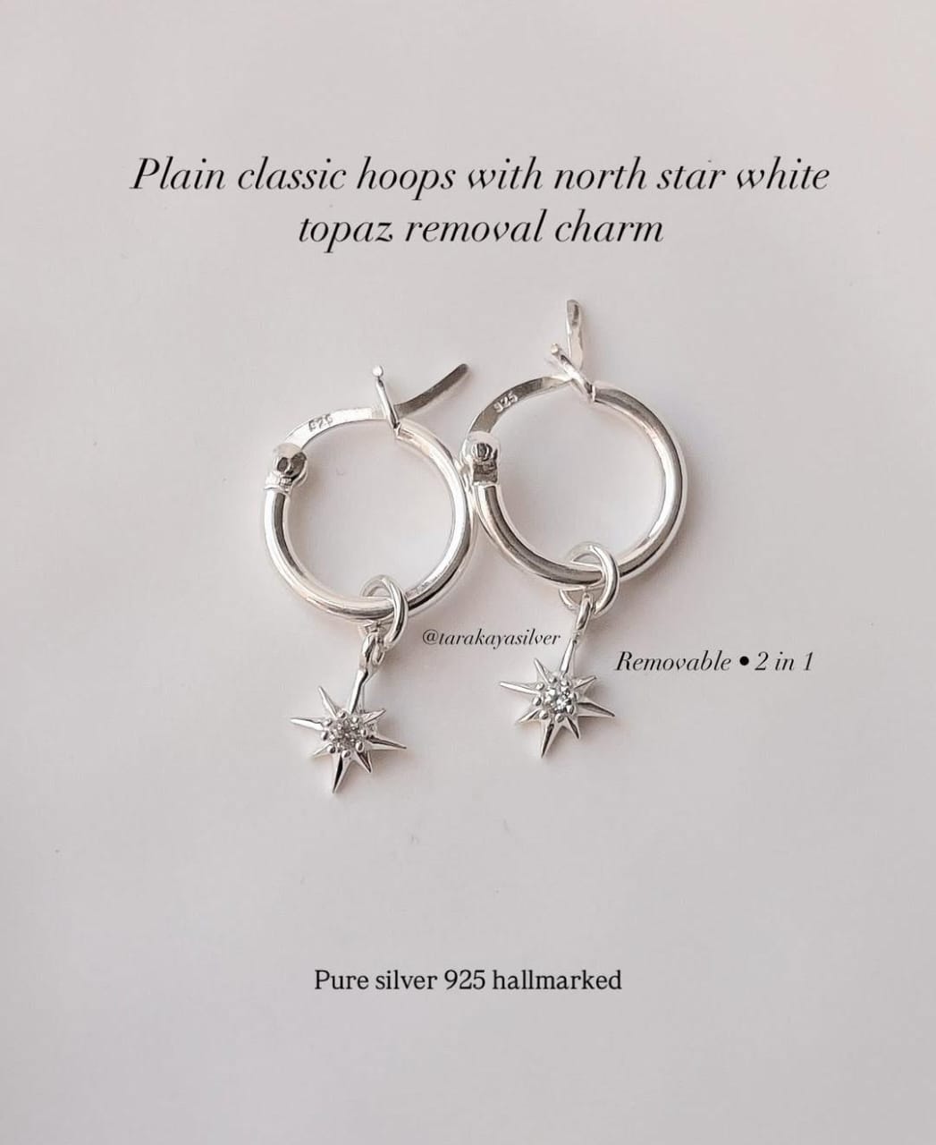 Plain Classic Hoops with White Topaz North Star Charm in Sterling Silver