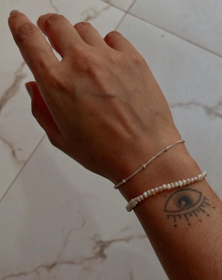 Handcrafted silver bracelet stack with Basra pearls and cable dots  