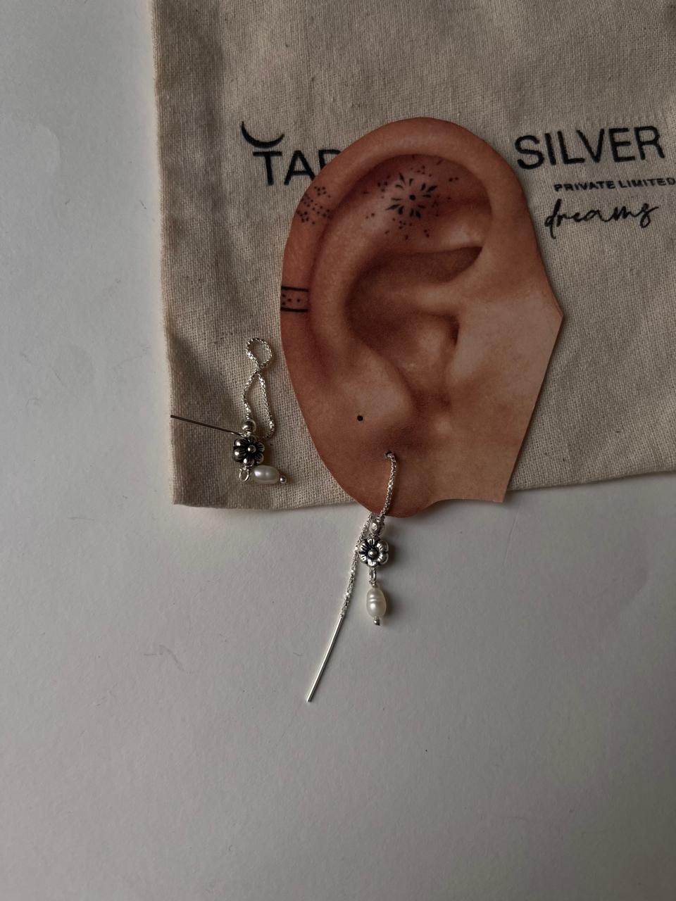 Sterling silver sui dhaga earrings with blossom flower and freshwater pearl charm