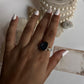 Artisan silver ring with blue coconut druzy and moonstone gemstone