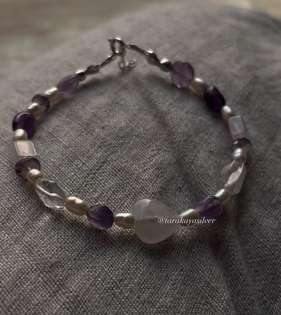 Rose quartz heart silver bracelet for love and emotional healing  