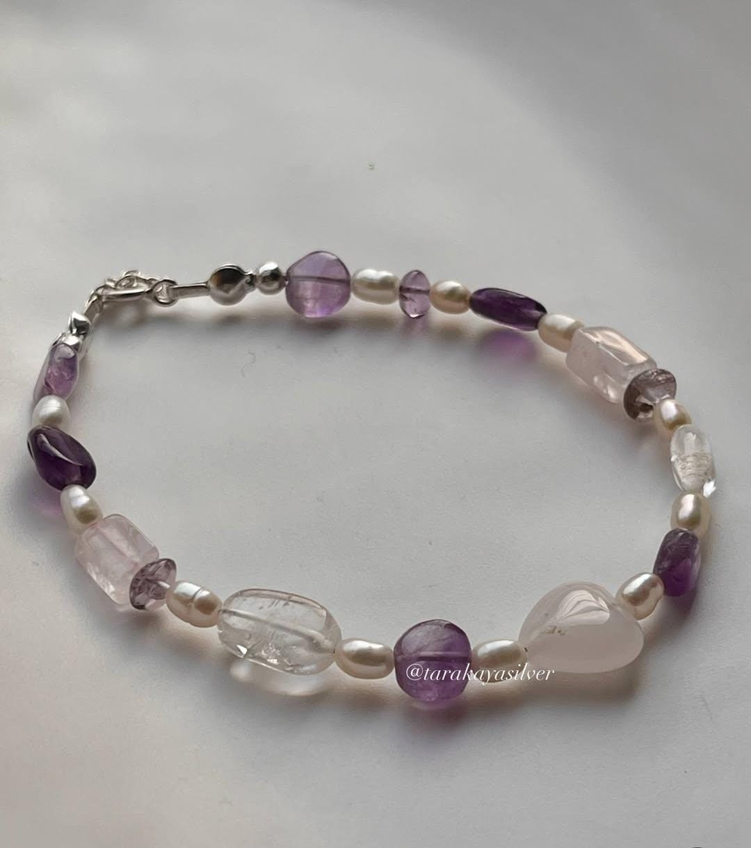 925 silver bracelet with rose quartz heart for healing energy  