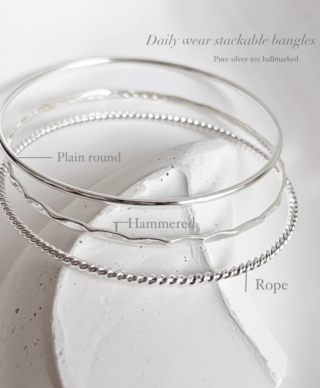 Hammered, rope, and plain silver bangle stack set  