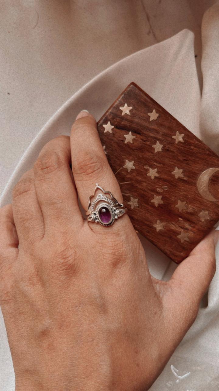 Sterling silver amethyst oval and boho crown stacking rings  