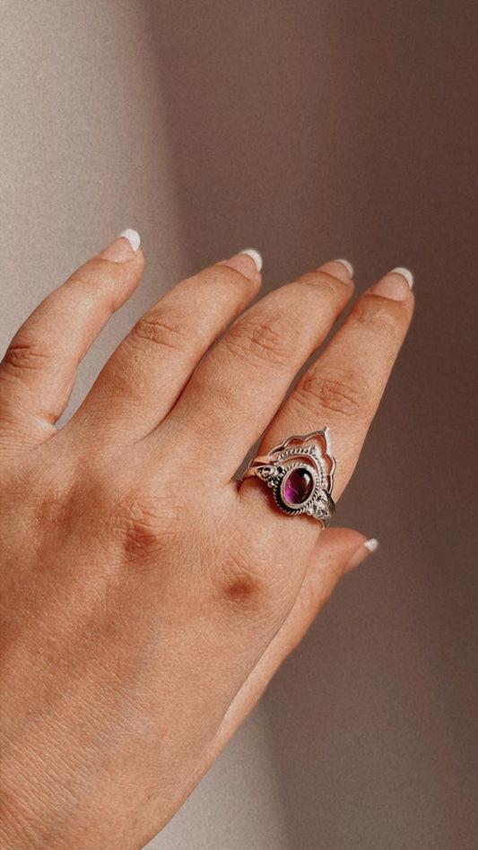 Amethyst oval and boho crown stack set silver ring  