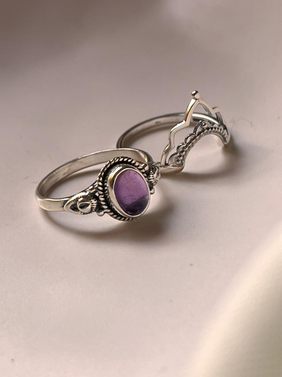 Handcrafted amethyst oval and boho crown stackable ring set  