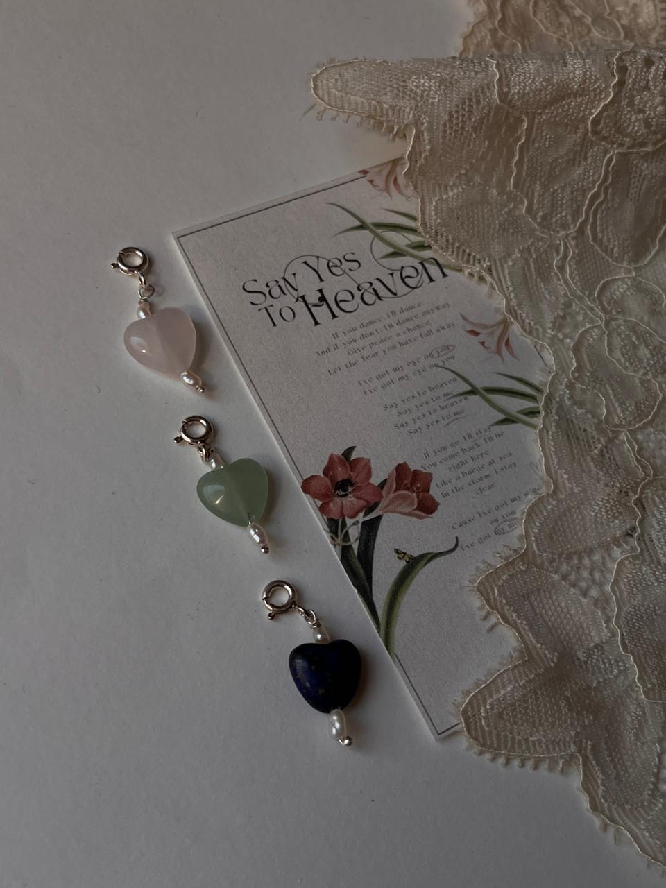 Lapis, rose quartz, and aventurine heart crystal charm set