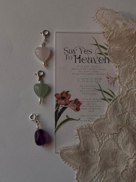 Amethyst tumble, rose quartz heart, and green aventurine heart crystal charm set