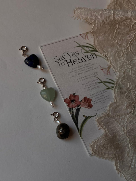 Lapis heart, pyrite tumble, and green aventurine heart crystal charm set