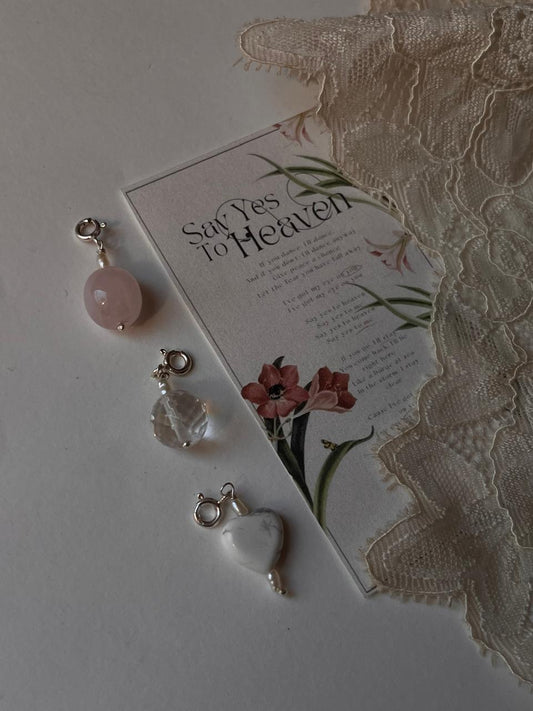 Howlite heart, rose quartz tumble, and clear quartz diamond cut charm set