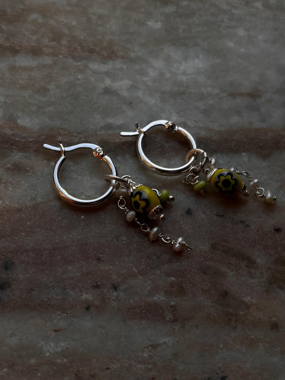 Freshwater pearl hoop earrings with removable green charms in silver