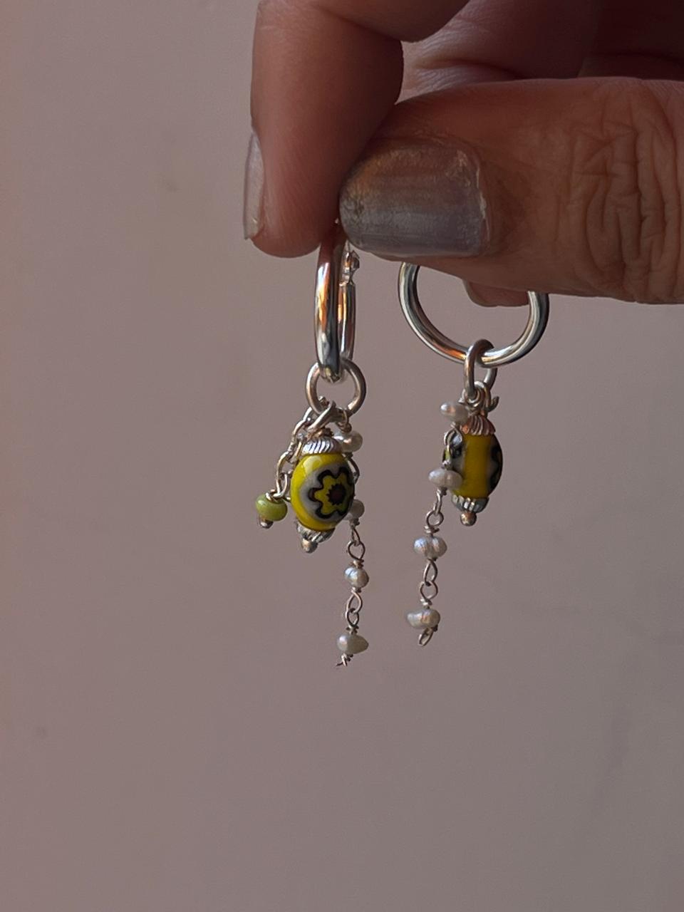 925 silver Italian hoop earrings with freshwater pearls and green charms  