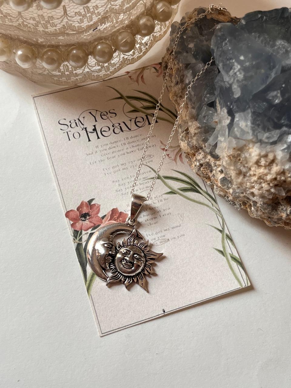 Large Sun and Moon Silver Necklace with Detailed Design  