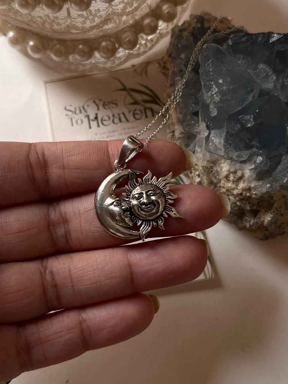Bold Silver Necklace with Sun Moon Pendant