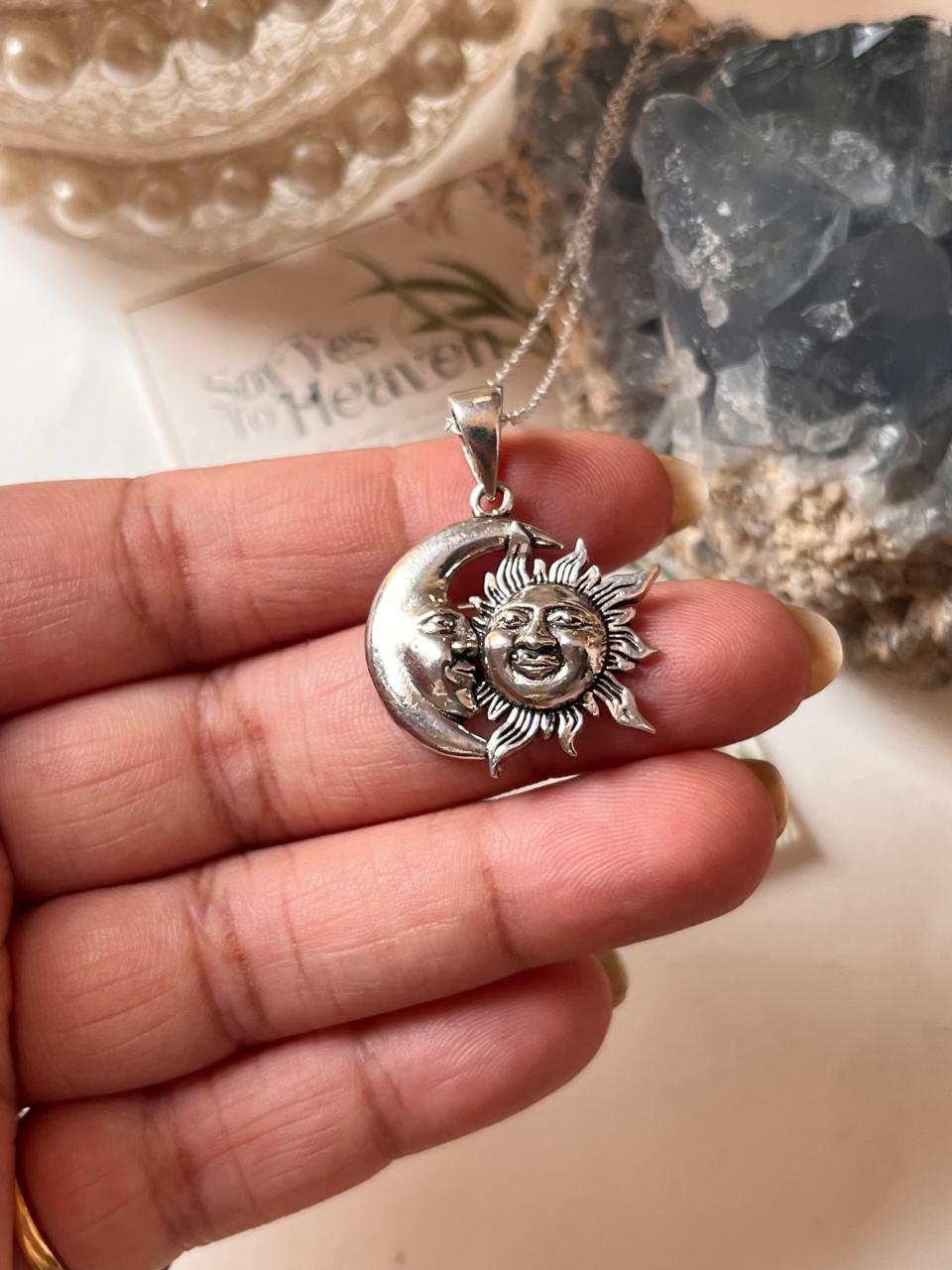 Big Sun Moon Pendant Necklace in Sterling Silver